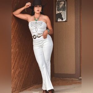 NWT Ivory Stretch Denim Western Boot Stitch Strapless Jumpsuit